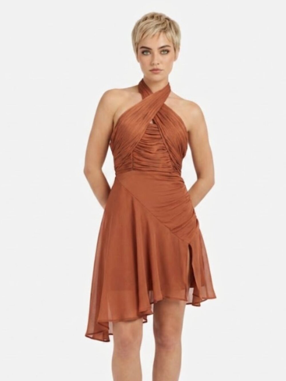 NWT ASOS | Cross-Front Halter Mini Dress w/ Side Slit in Brown | Size 8